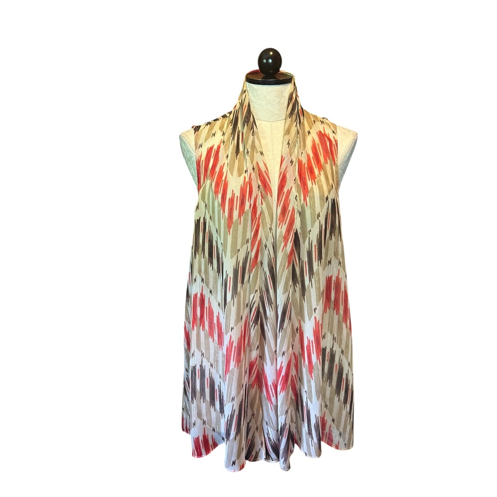 Chico's Ikat‎ Metallic Shimmer Open Front Vest Cardigan Sz 2 (L) Brown Red